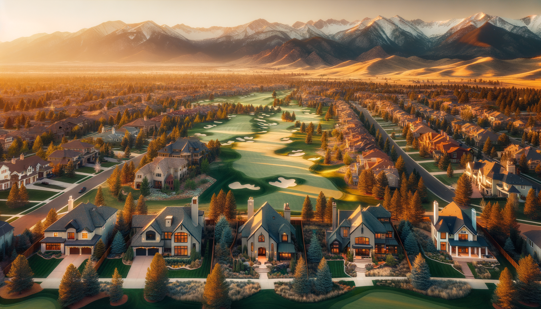 Aerial view of luxury homes in Cherry Hills Village and Greenwood Village Colorado with Rocky Mountains in the background