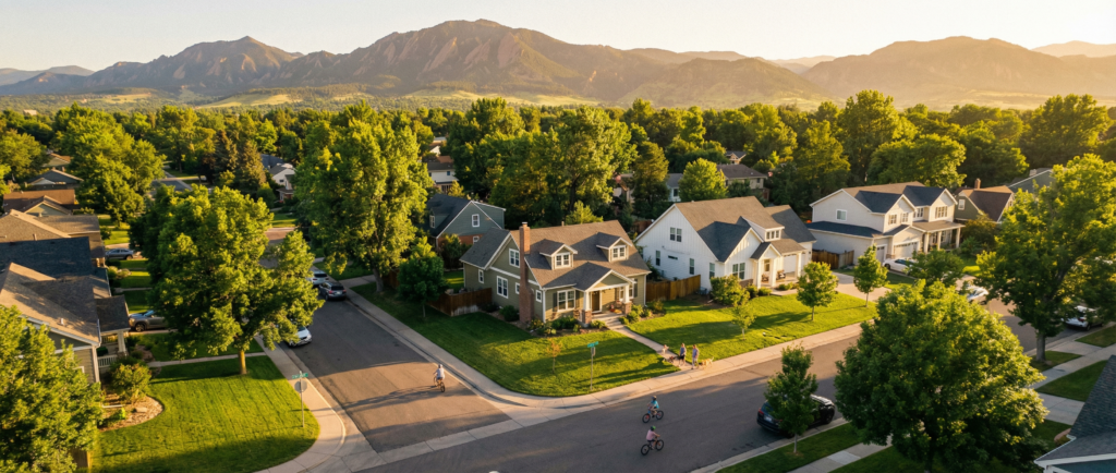 Aerial view of South Denver neighborhood with tree-lined streets and mountain views
