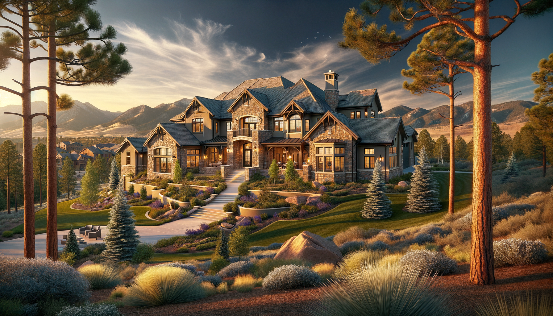 Luxury home in Castle Pines Colorado surrounded by Ponderosa pine trees with Rocky Mountain views