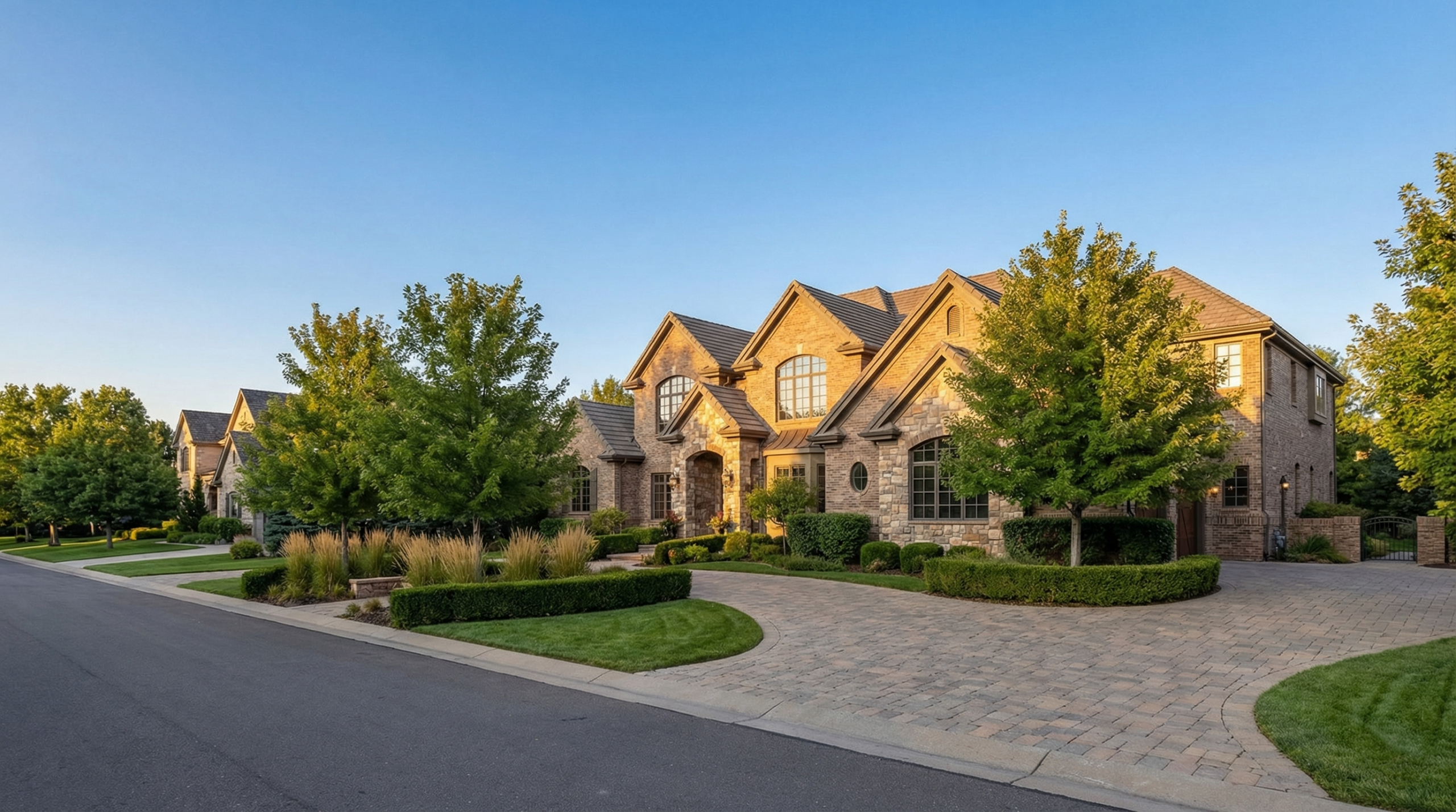Cherry Creek Denver luxury home exterior with manicured landscaping and warm afternoon light