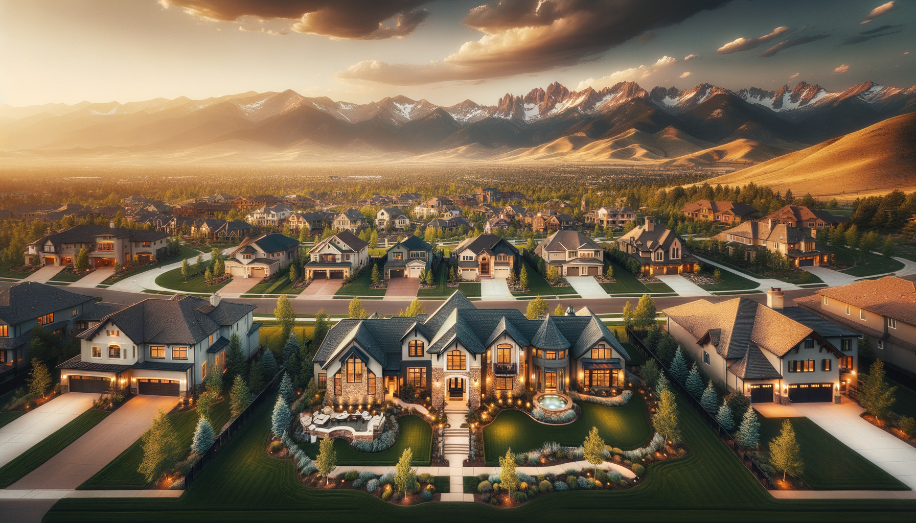 Aerial view of luxury homes in South Denver suburbs with Rocky Mountain backdrop - Denver luxury real estate market trends 2026
