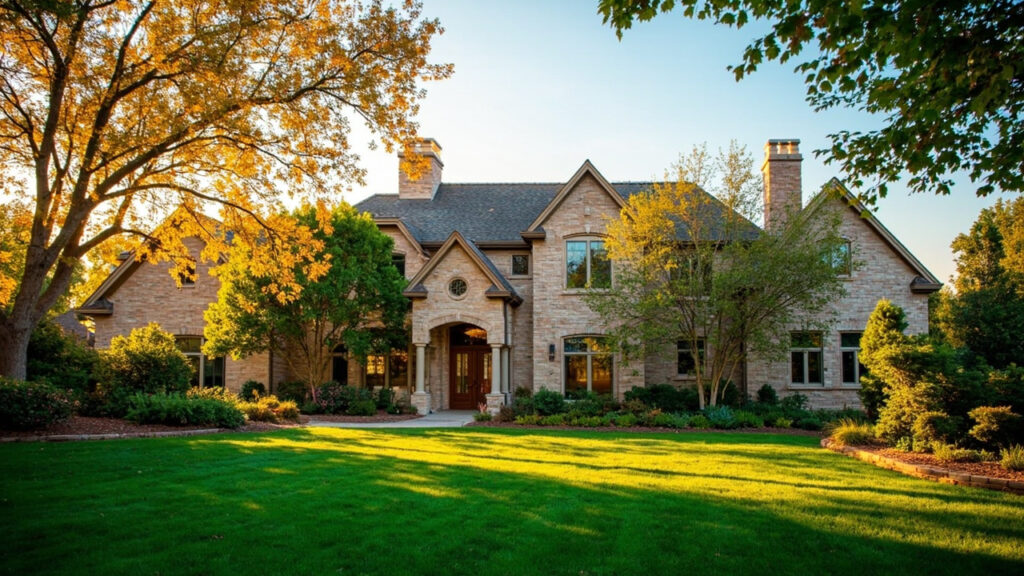Luxury home exterior in Cherry Hills Village, Denver — manicured landscaping and warm golden light