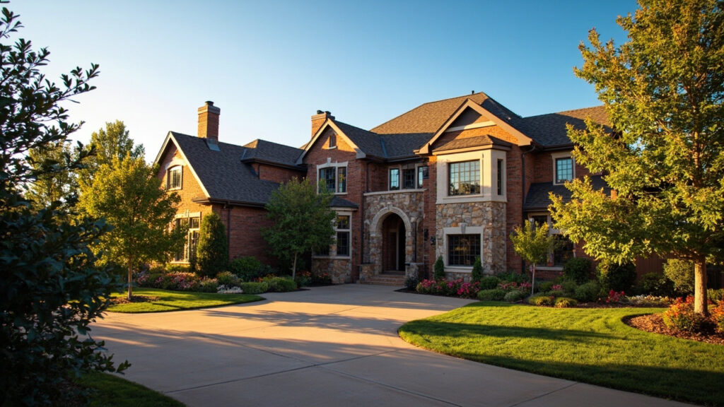 Denver luxury home exterior with manicured landscaping and golden light — Cherry Creek neighborhood