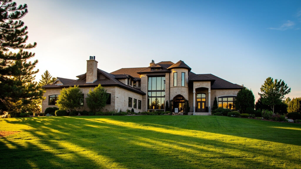 Luxury home exterior in Cherry Hills Village Denver with manicured landscaping and golden light