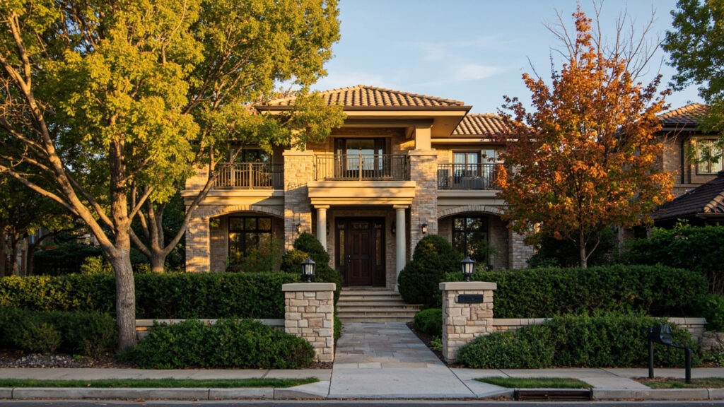 Luxury home exterior in Cherry Creek Denver with manicured landscaping and golden hour light