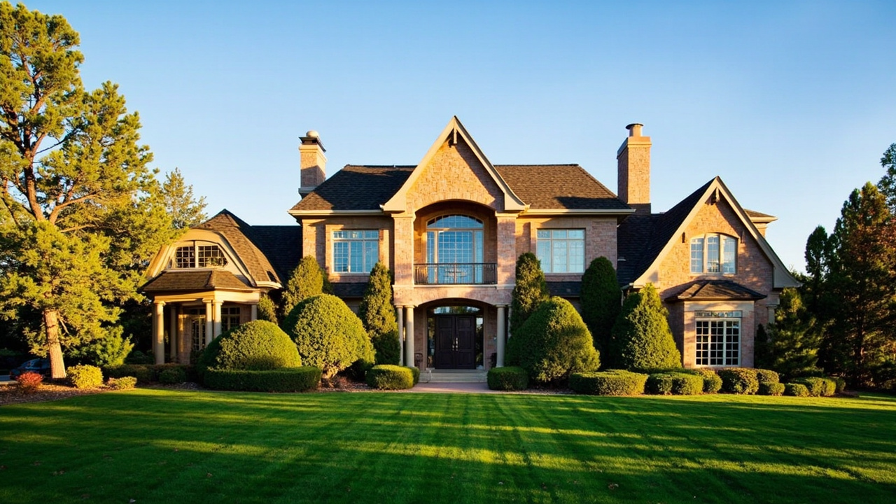Luxury home exterior in Cherry Creek Denver with manicured landscaping and golden hour light