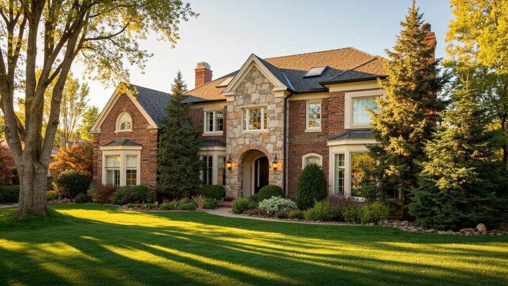 Luxury home exterior in Cherry Creek Denver, warm golden light and manicured landscaping
