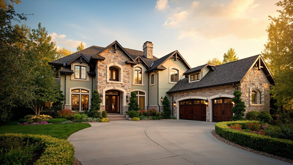 Luxury home exterior in Cherry Creek Denver with manicured landscaping and warm golden light