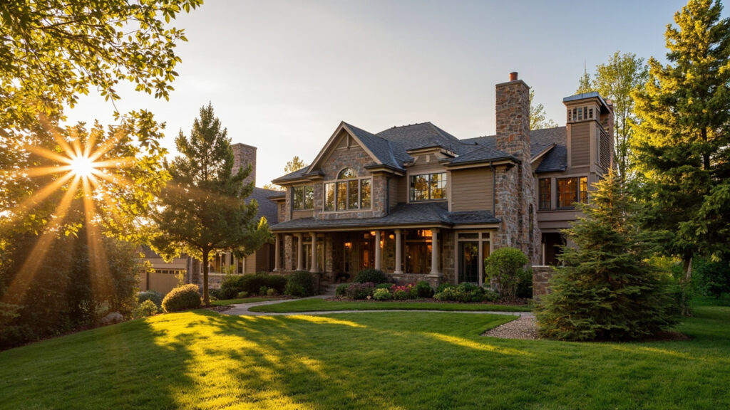 Greenwood Village luxury home exterior with manicured landscaping and golden hour light