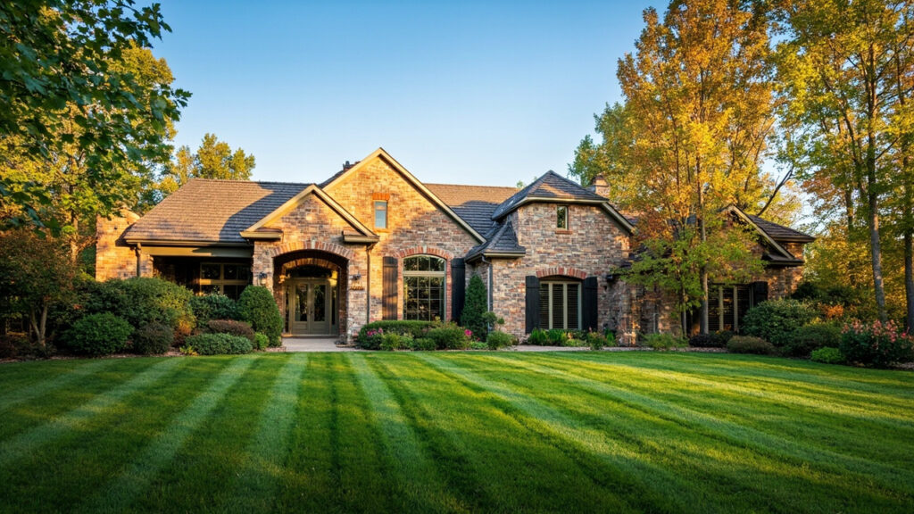 Cherry Hills Village luxury home exterior with manicured landscaping and warm golden light