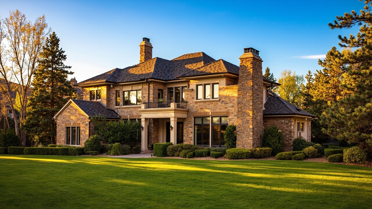 Luxury home exterior in Cherry Hills Village Denver with manicured landscaping and golden light