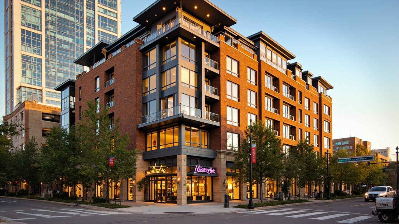 Luxury condominium building in Cherry Creek Denver with manicured landscaping and golden afternoon light