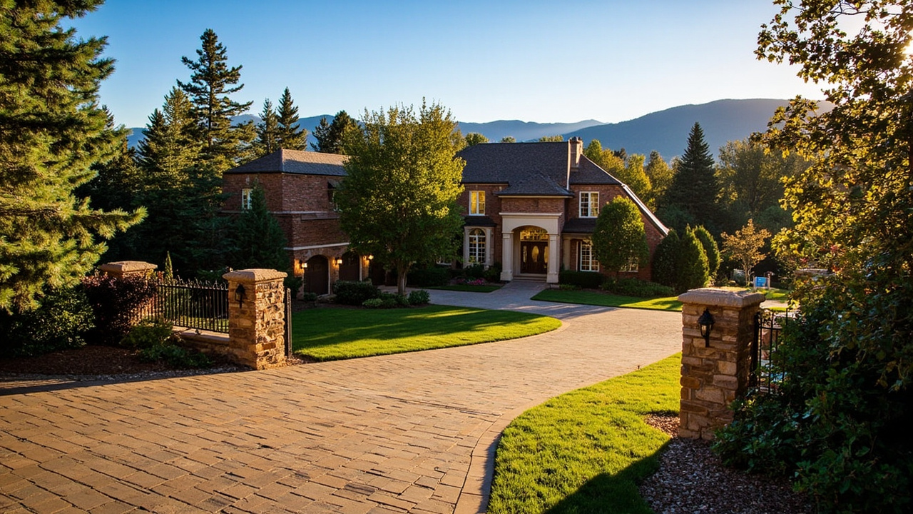 Luxury home exterior in Cherry Creek Denver with manicured landscaping and golden afternoon light