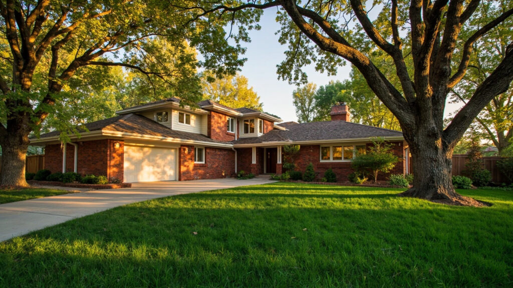 Luxury home exterior in Belcaro Denver neighborhood with mature landscaping and warm golden light