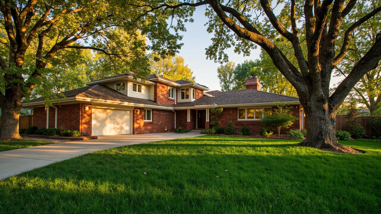 Luxury home exterior in Belcaro Denver neighborhood with mature landscaping and warm golden light