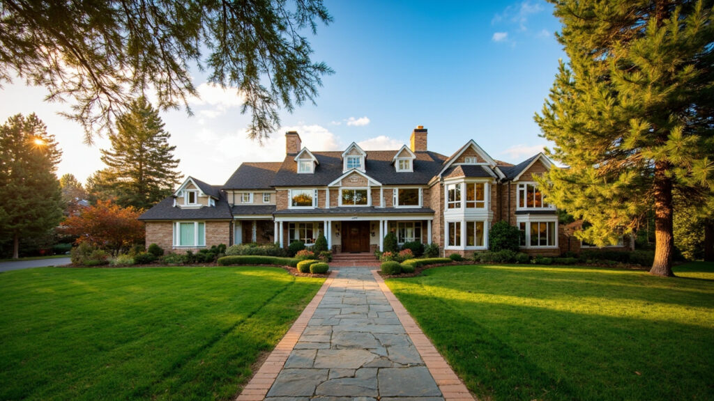 Cherry Hills Village luxury home exterior with manicured landscaping and warm golden light