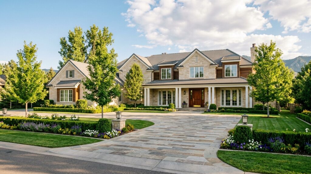 Luxury home exterior in Cherry Hills Village Denver with manicured landscaping and warm afternoon light