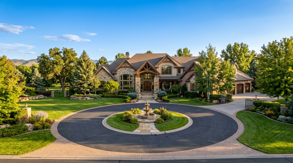 Cherry Hills Village luxury home exterior with manicured landscaping and warm golden light