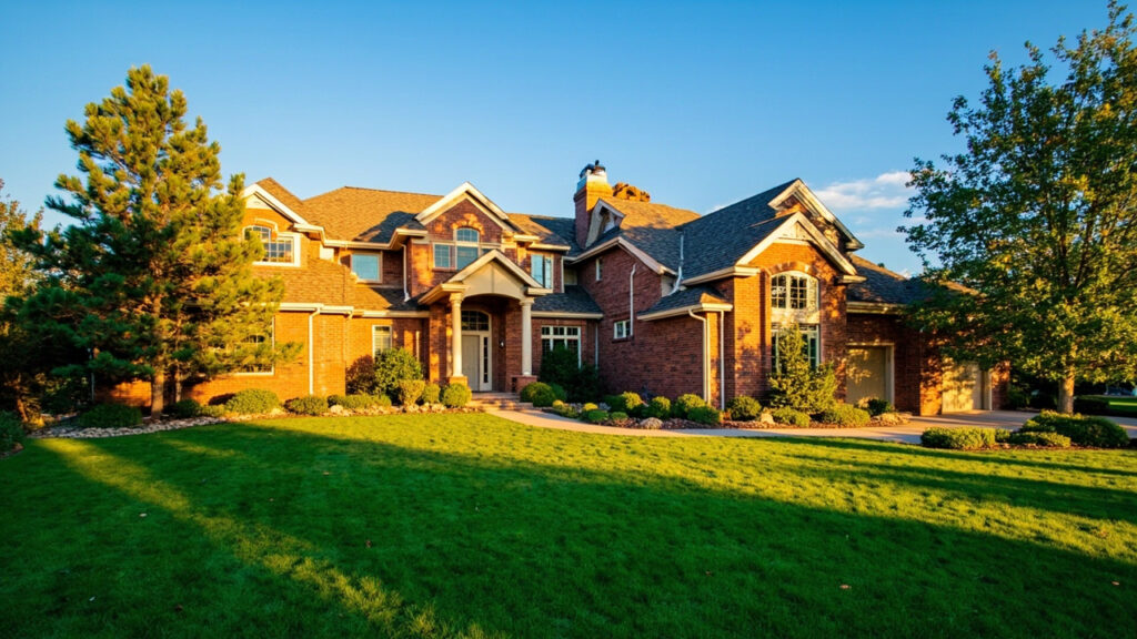 Cherry Hills Village luxury home exterior with manicured landscaping and warm golden light