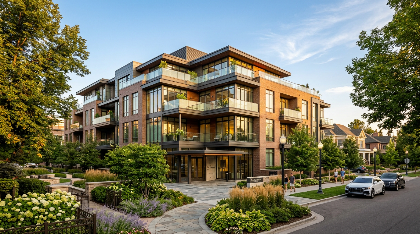 Luxury condominiums in Cherry Creek Denver with manicured landscaping