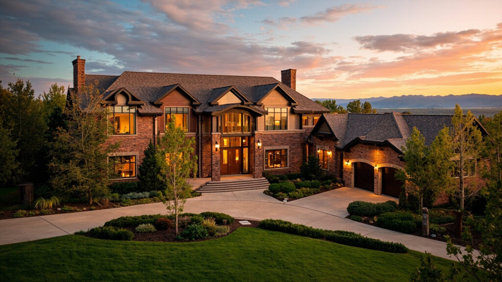 Stately luxury home exterior at golden hour in Cherry Hills Village