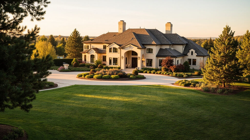 Luxury home exterior in Cherry Hills Village near Denver Colorado with manicured landscaping at golden hour